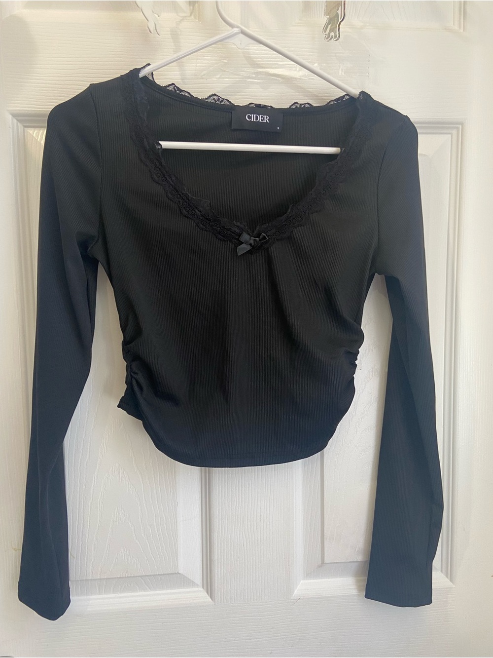 Cider Black Lace-Trim Ribbed Long Sleeve Top